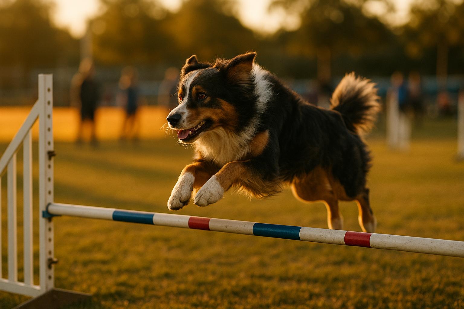 Australian Shepherd leaping over an agility hurdle in bright sunlight, showing adult coordination and athleticism