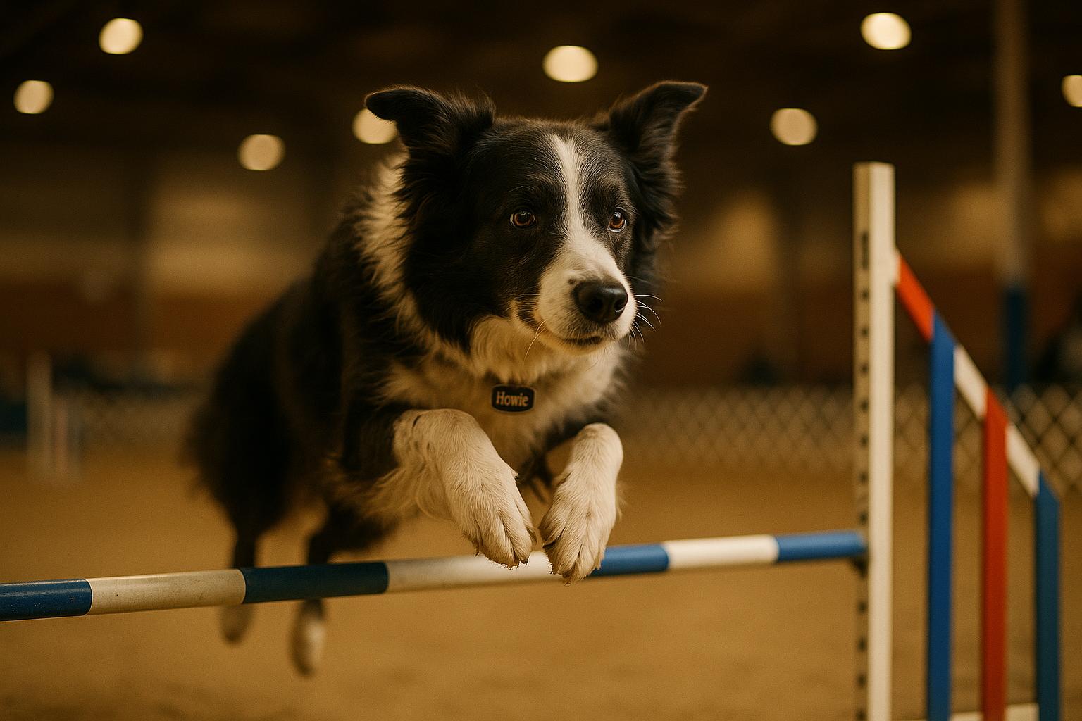 Howie, an 8-year-old Border Collie, mid-jump on an indoor agility course at a dog show