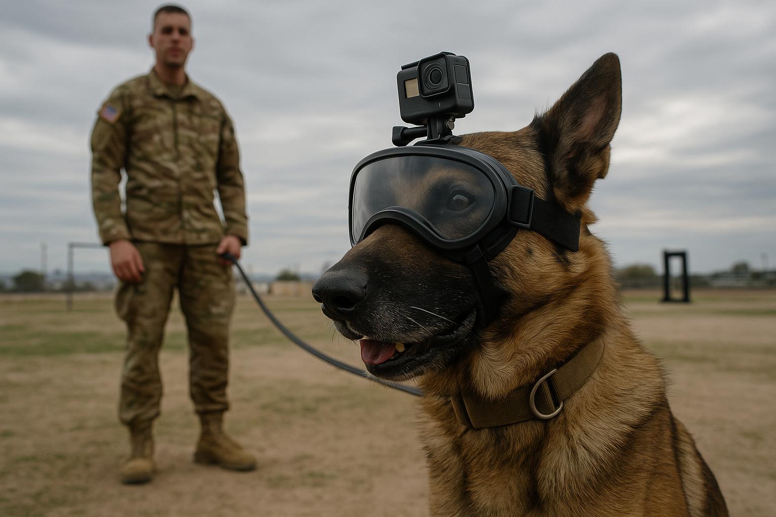 Military working dog wearing goggles with a miniature camera on a training field at Davis‑Monthan Air Force Base.