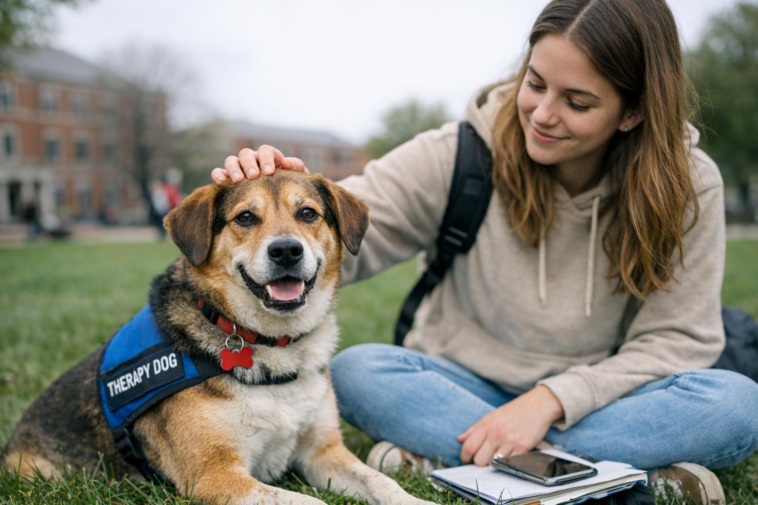 Therapy dog and student sitting on the UBC Okanagan campus quad during a B.A.R.K. session