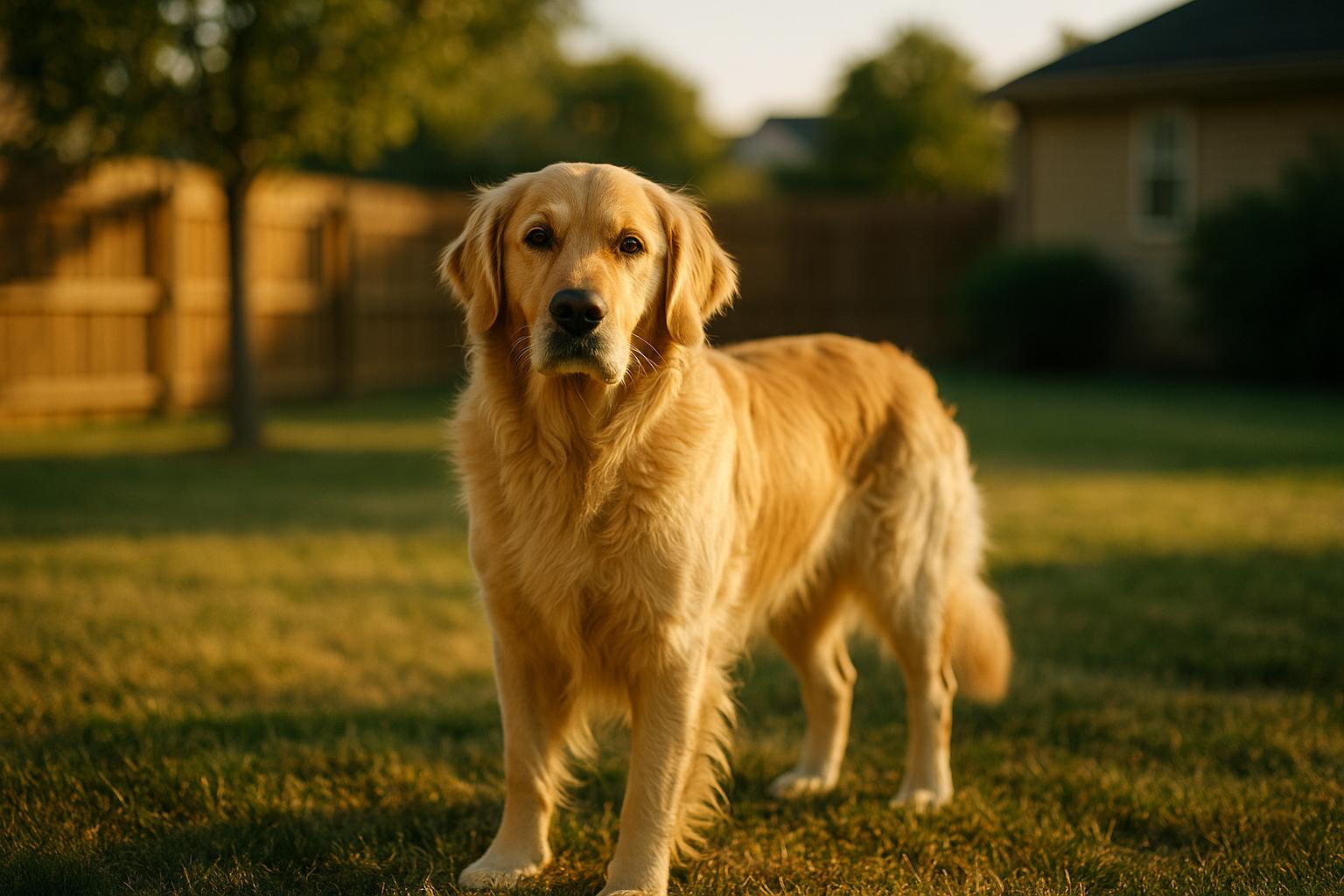 Golden Retriever standing in a suburban backyard at golden hour