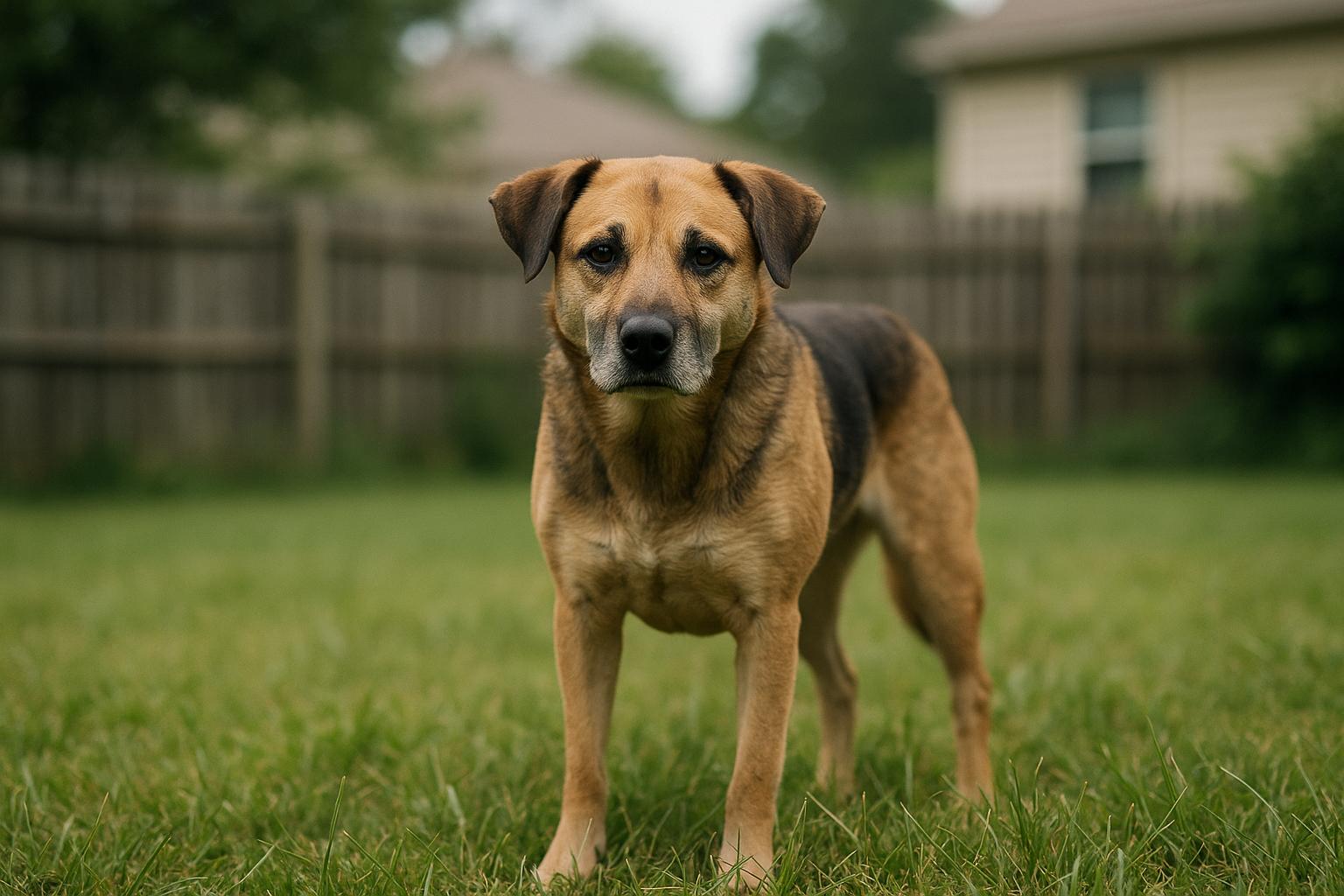 A 50-pound rescue dog standing in a suburban backyard under soft overcast light