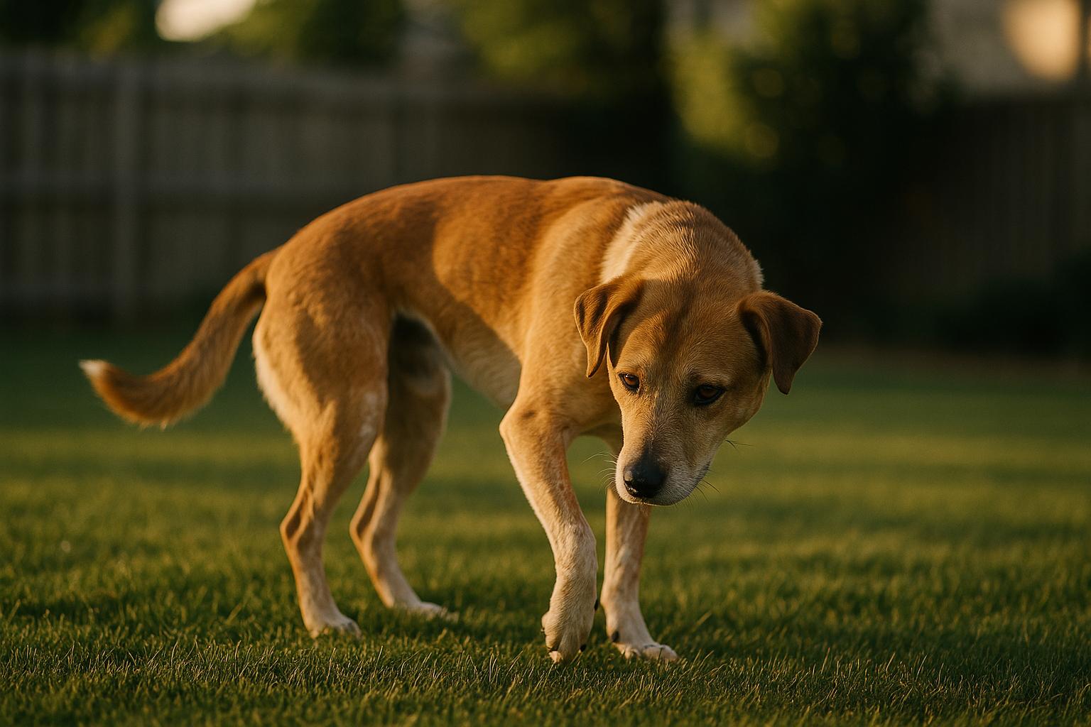 A medium-sized mixed-breed dog circling on grass in a suburban backyard before stopping to relieve itself