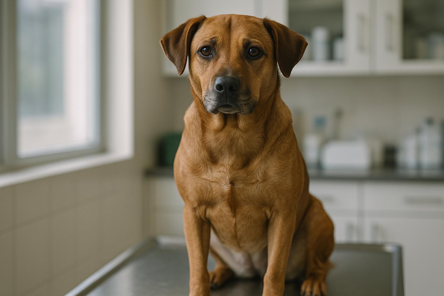 Adult mixed-breed dog sitting on a veterinary exam table in natural light
