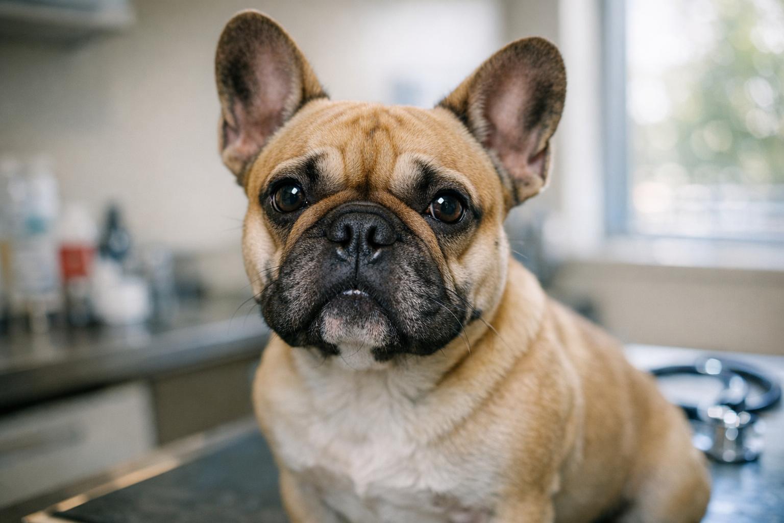 Healthy French Bulldog in a veterinary clinic, soft window light, close-up portrait