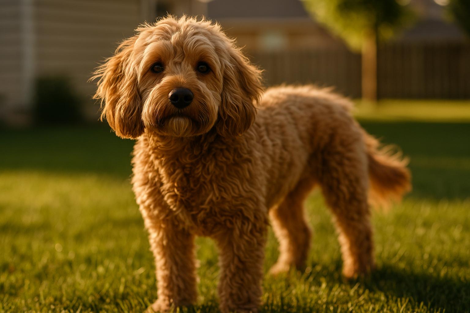 Cockapoo standing in a backyard during golden hour, looking alert and healthy.
