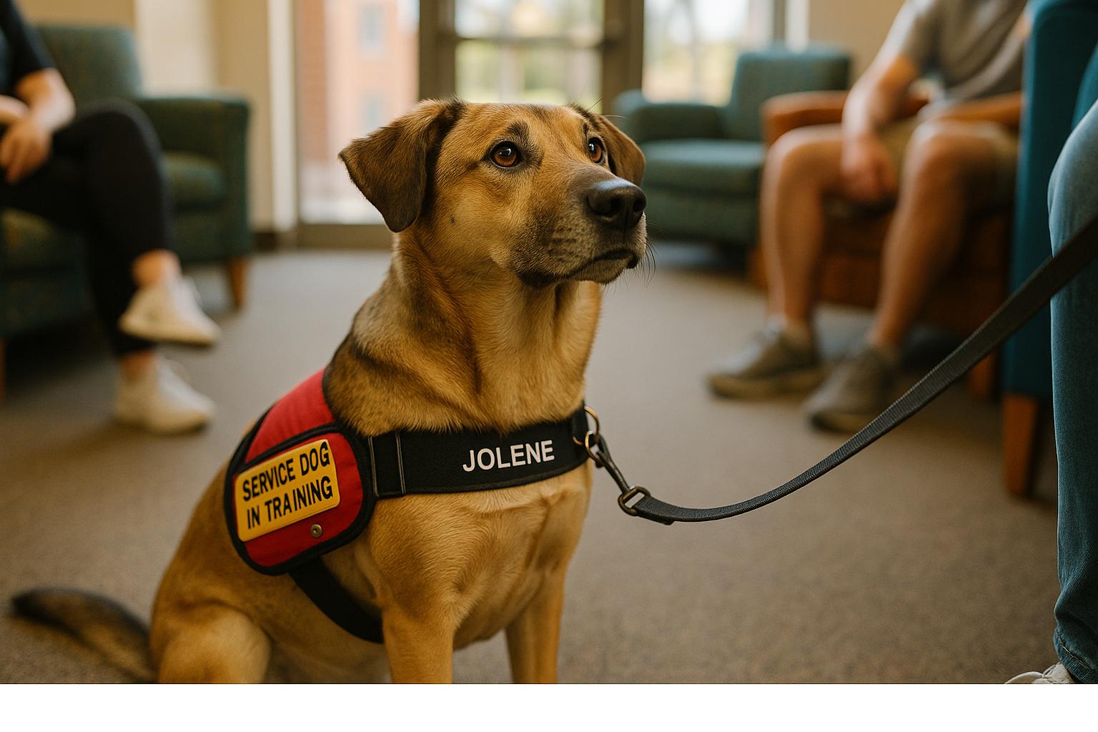 Jolene, a service dog in training, sitting attentively in a residence hall common room during a FETCH program session at the University of Minnesota Twin Cities.