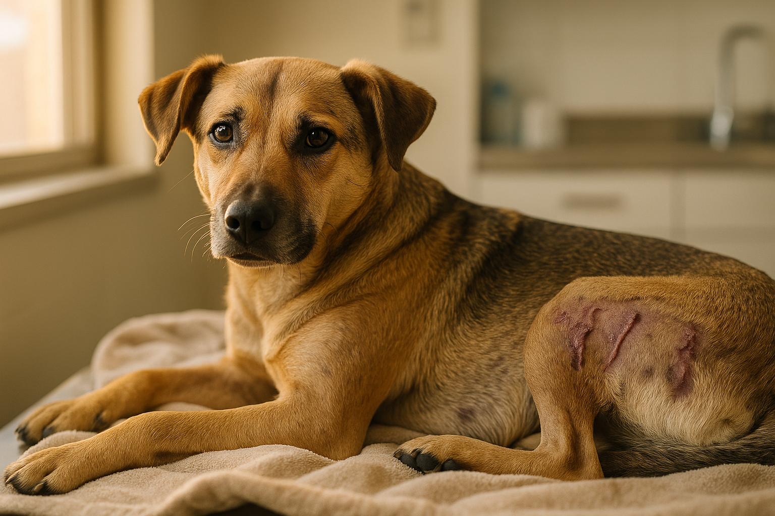 Mixed-breed dog with healed scars resting on a blanket in a veterinary exam room