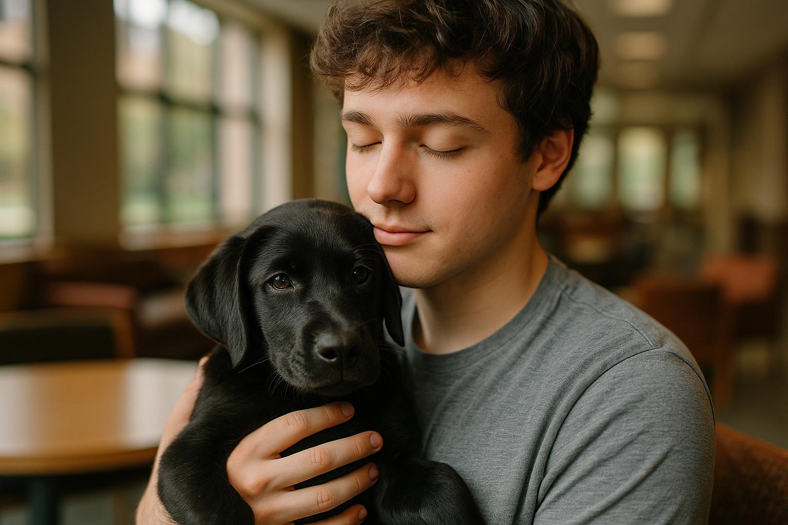 A 19-year-old student sitting in a university common room cradling a black Labrador puppy named Ody, natural window light, close-up.