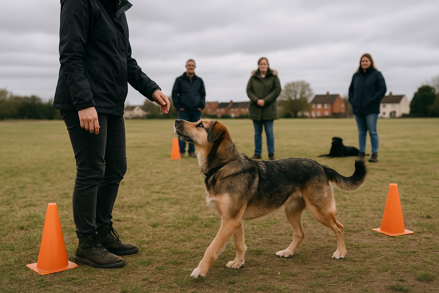 A mixed-breed dog and handler in a training session at Heyford Park, Oxfordshire, with people and open field in the background