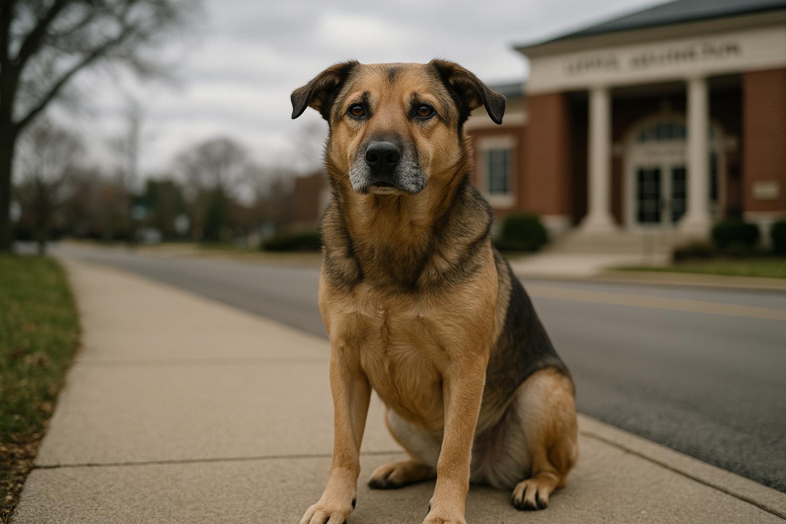 Mixed-breed dog sitting on a sidewalk in Upper Arlington with municipal buildings in soft focus behind it.