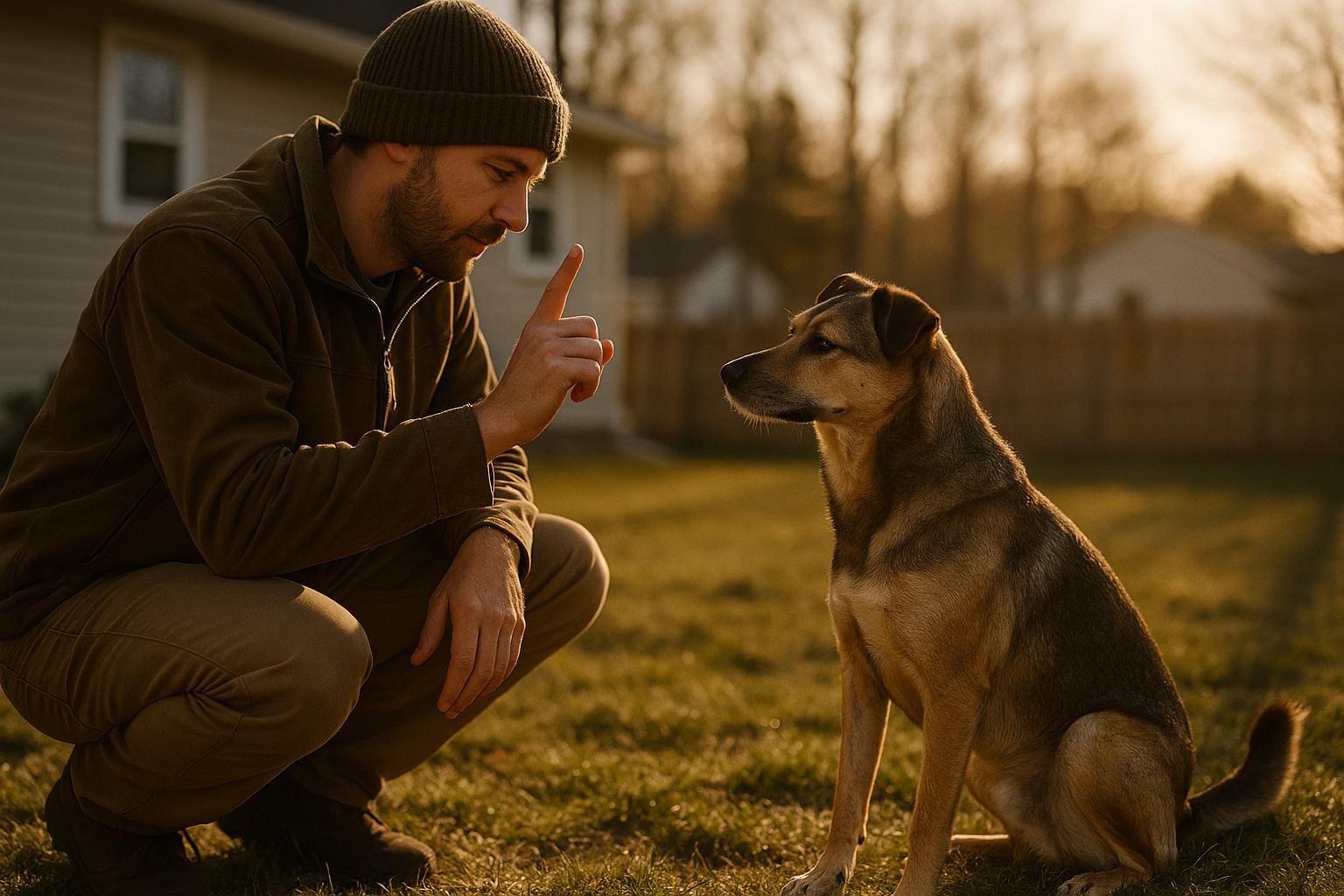 Dog trainer from TacoMo Dog Training working with a medium-sized mixed-breed dog in a Marquette Township backyard.