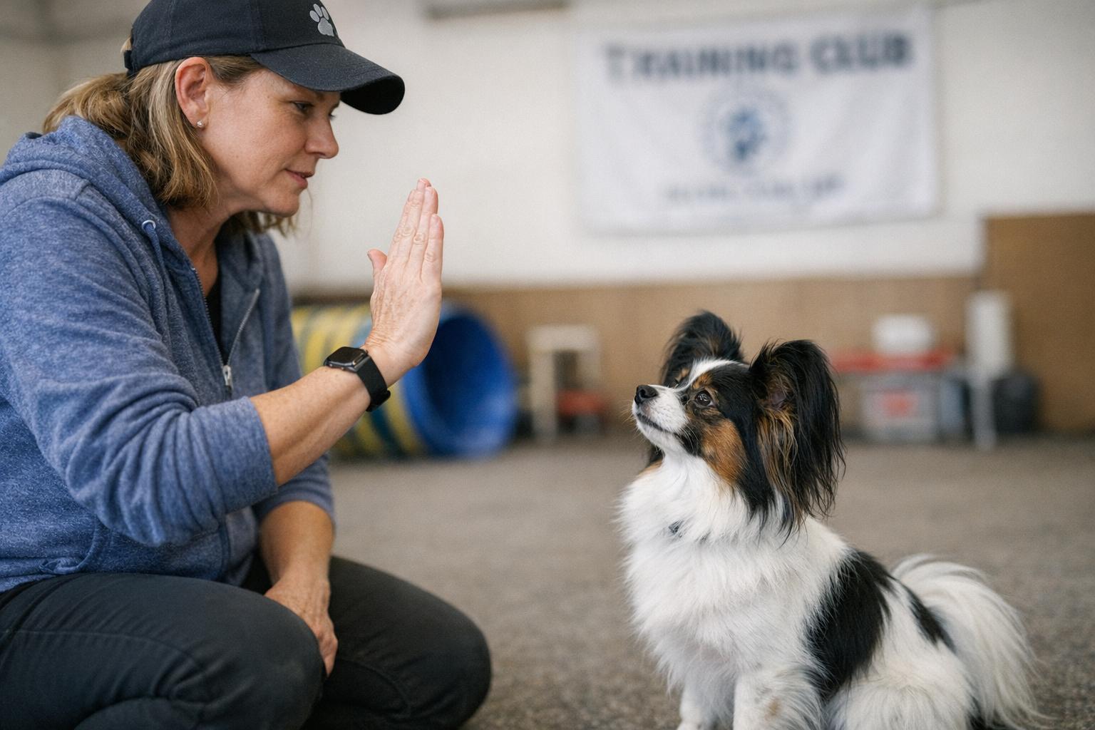 Papillon named KC receiving a hand-signal from trainer Kris Metz during a deaf-dog class in a community hall