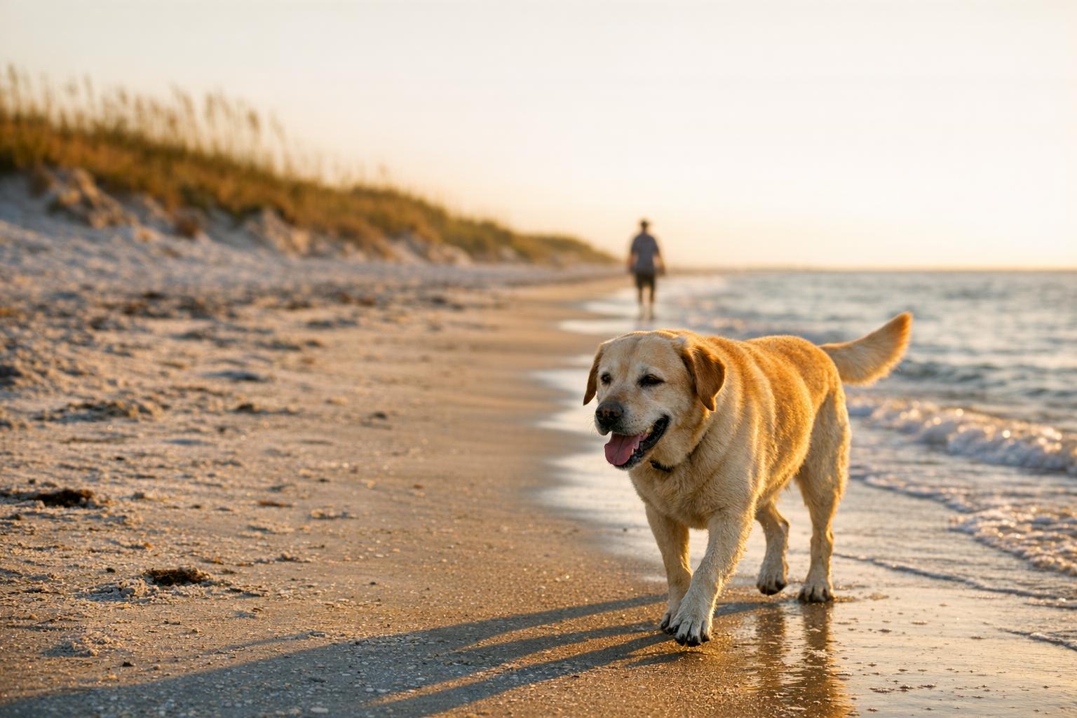 Labrador Retriever walking on a Southwest Florida beach at golden hour