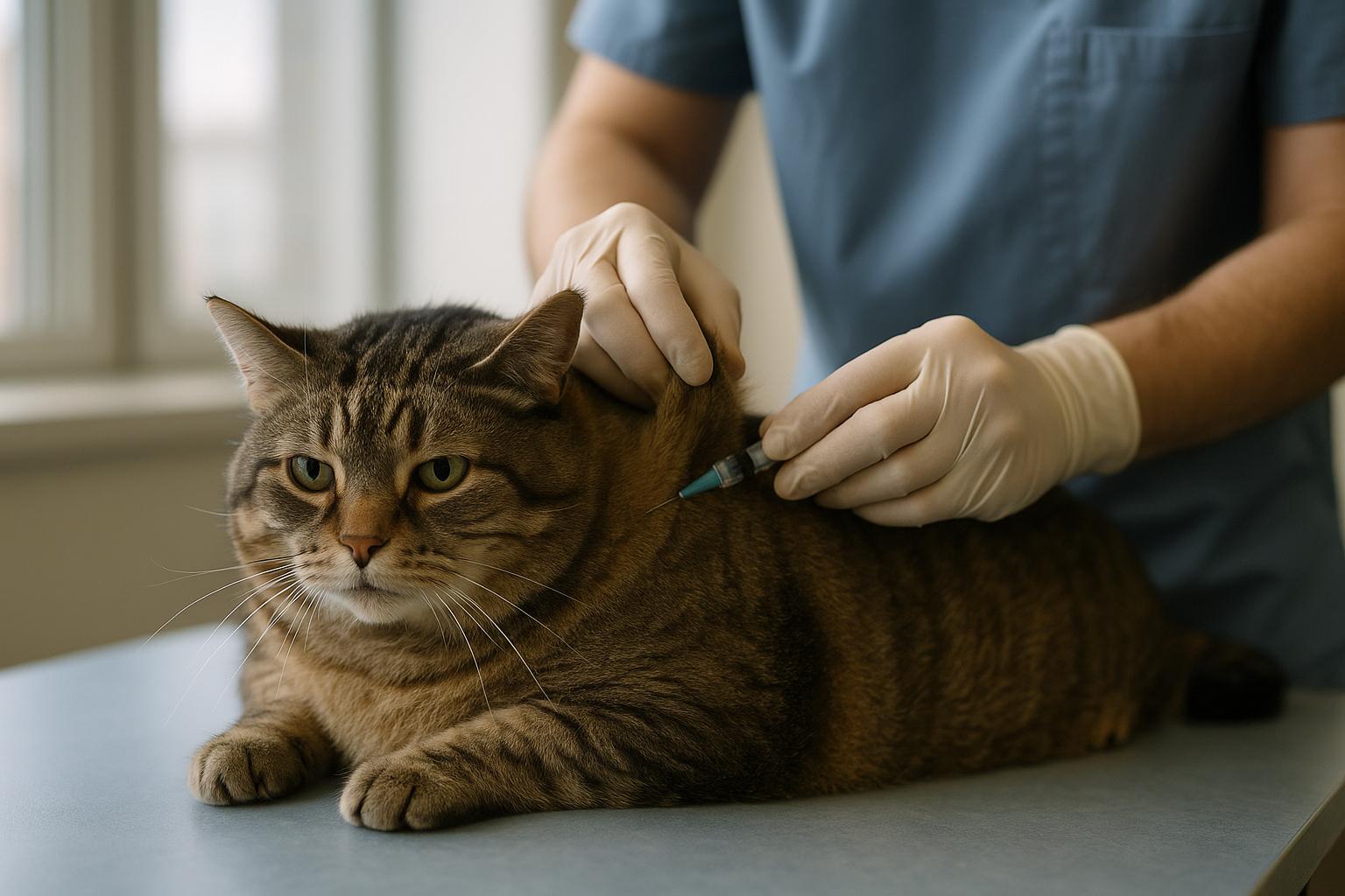 Veterinarian giving a subcutaneous injection to an overweight domestic cat on an exam table