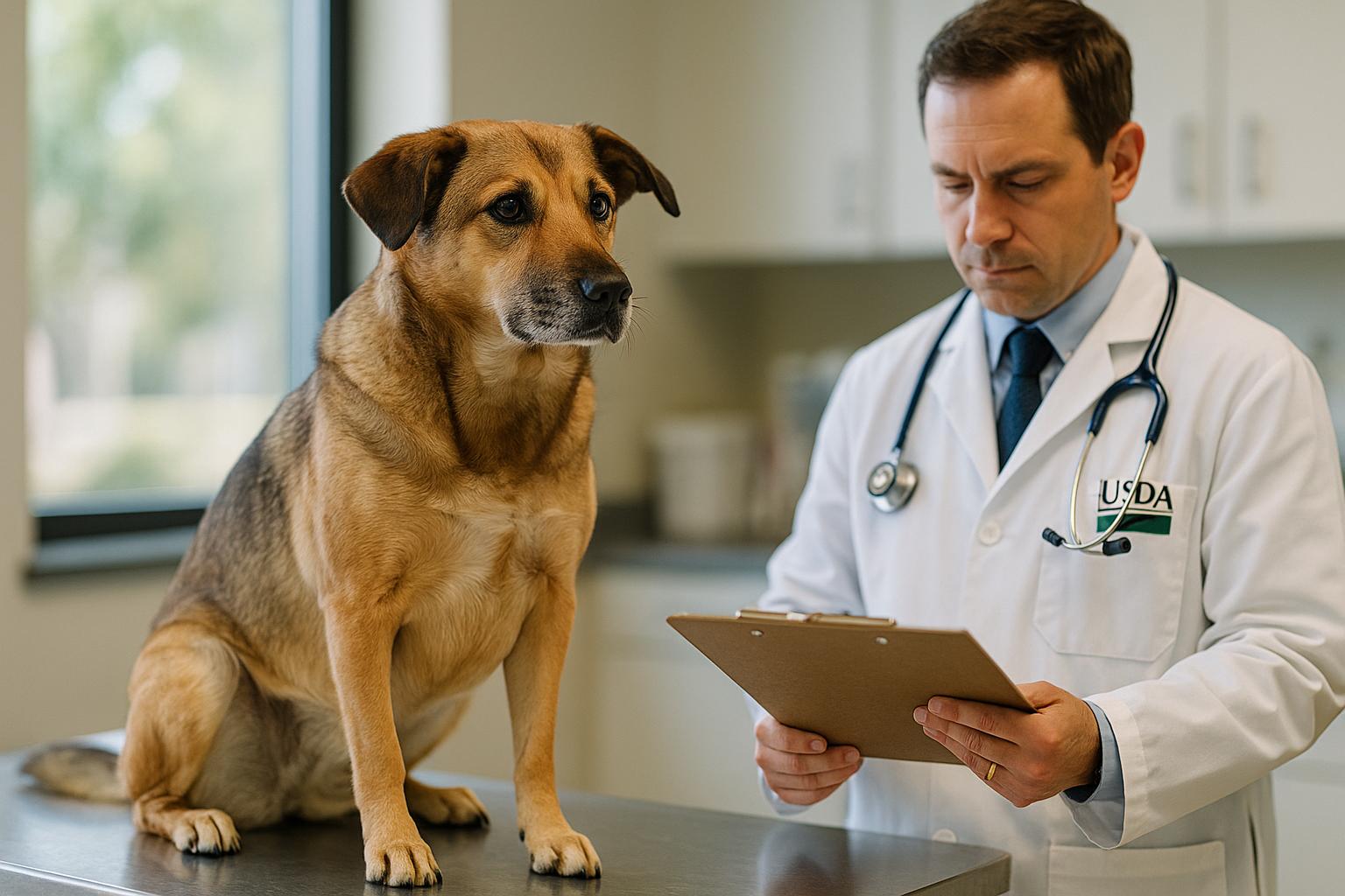 A mixed-breed dog sitting on an exam table as a veterinarian in a clinic reviews paperwork