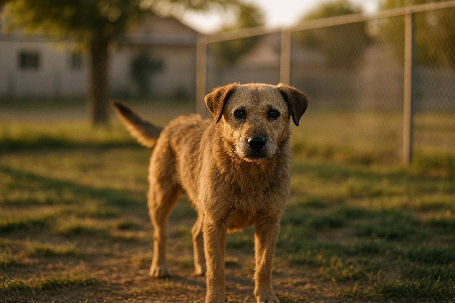 Mixed-breed dog standing in a fenced yard in warm late-afternoon light, fur showing natural imperfections