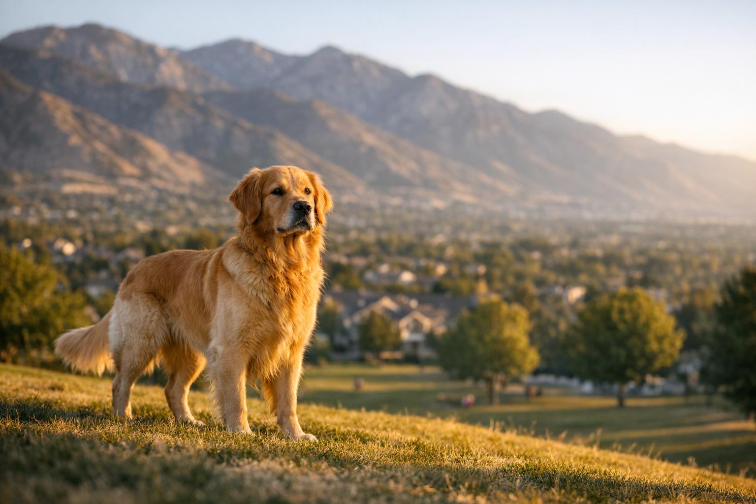 Golden Retriever standing on grass in a Utah park at golden hour, with foothills in the background