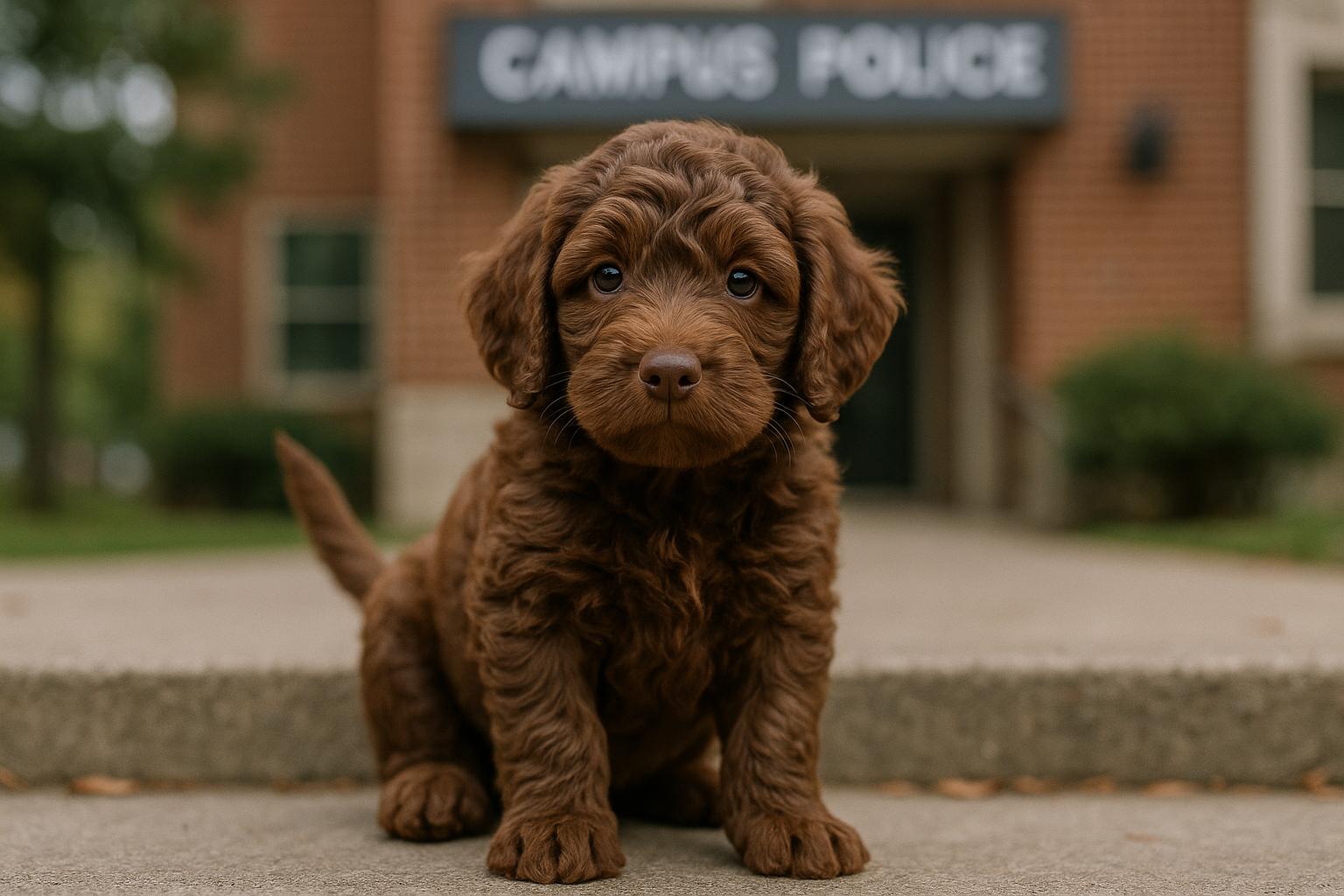 Mocha, a 10-week-old Labradoodle puppy, sitting on steps outside the UW-Eau Claire Police Department