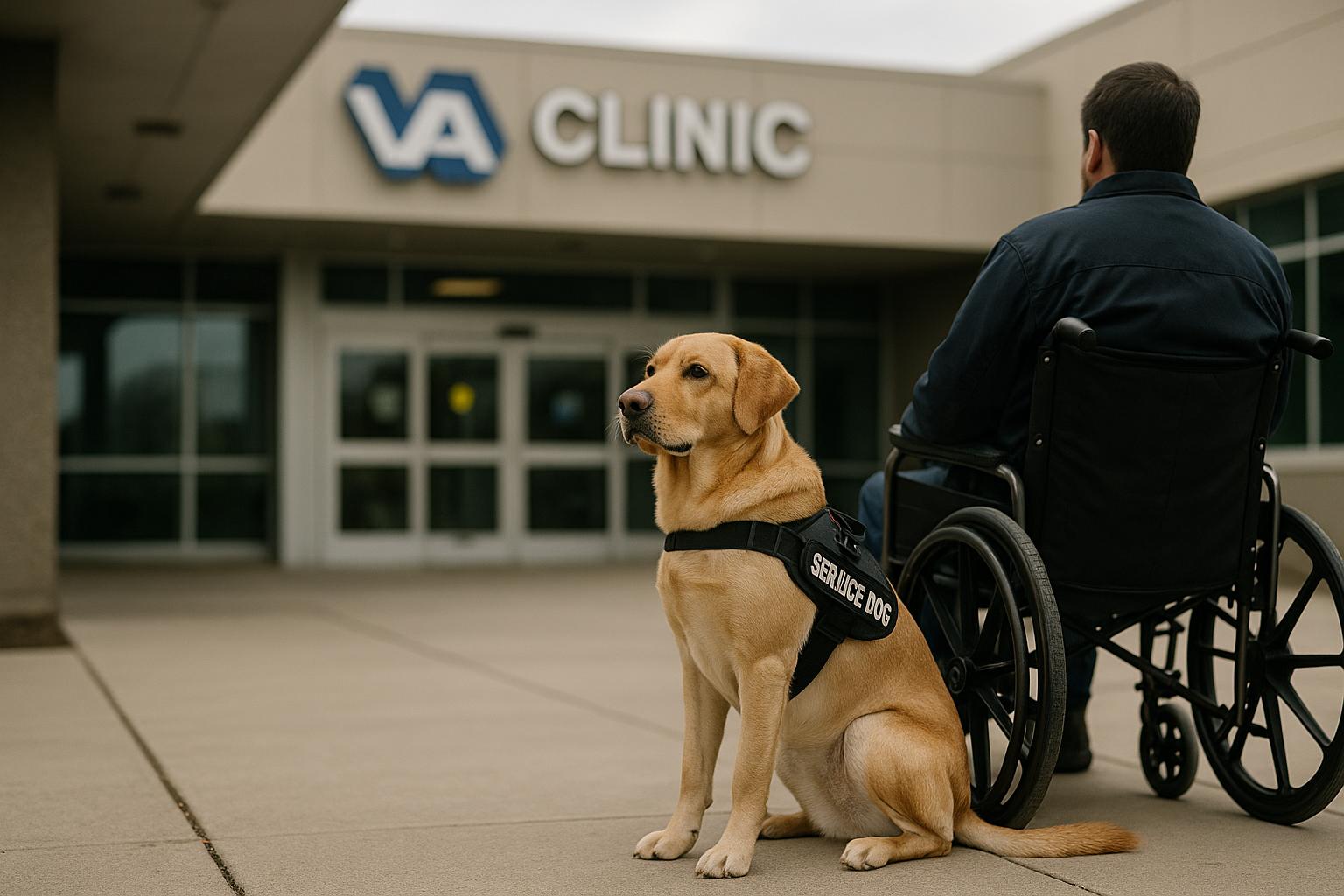 Service dog in harness sitting beside a person in a wheelchair outside a VA clinic entrance