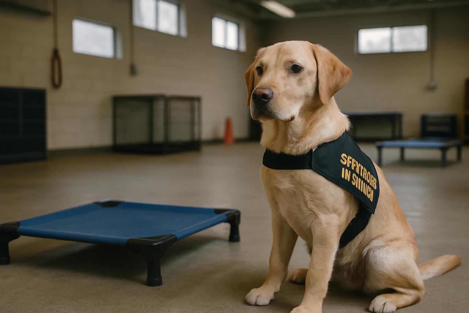 A candidate service dog sits attentively in a training room at a VA-affiliated program, with training equipment in the background.