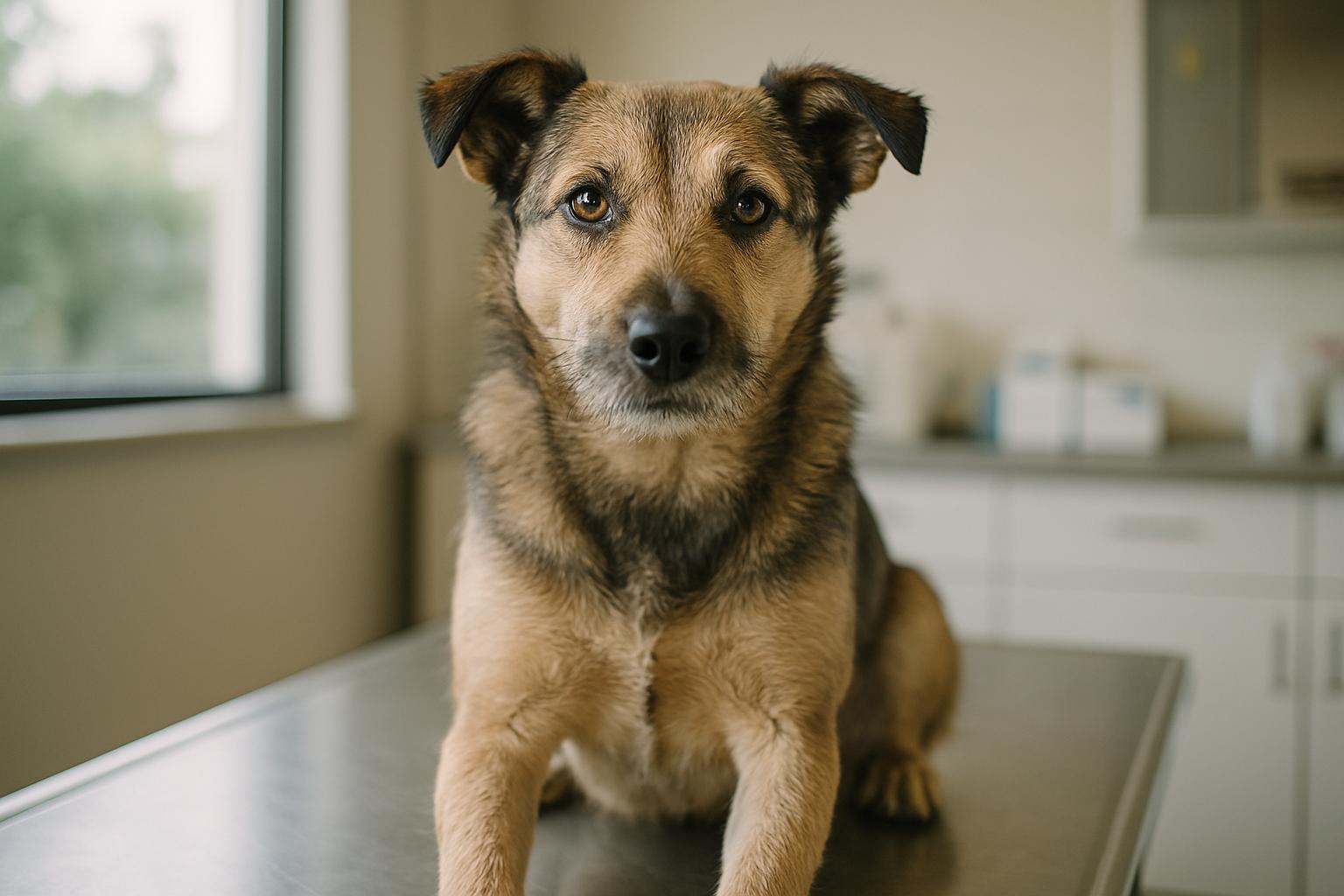 A medium-sized mixed-breed dog sitting on a veterinary exam table under natural window light, looking alert.