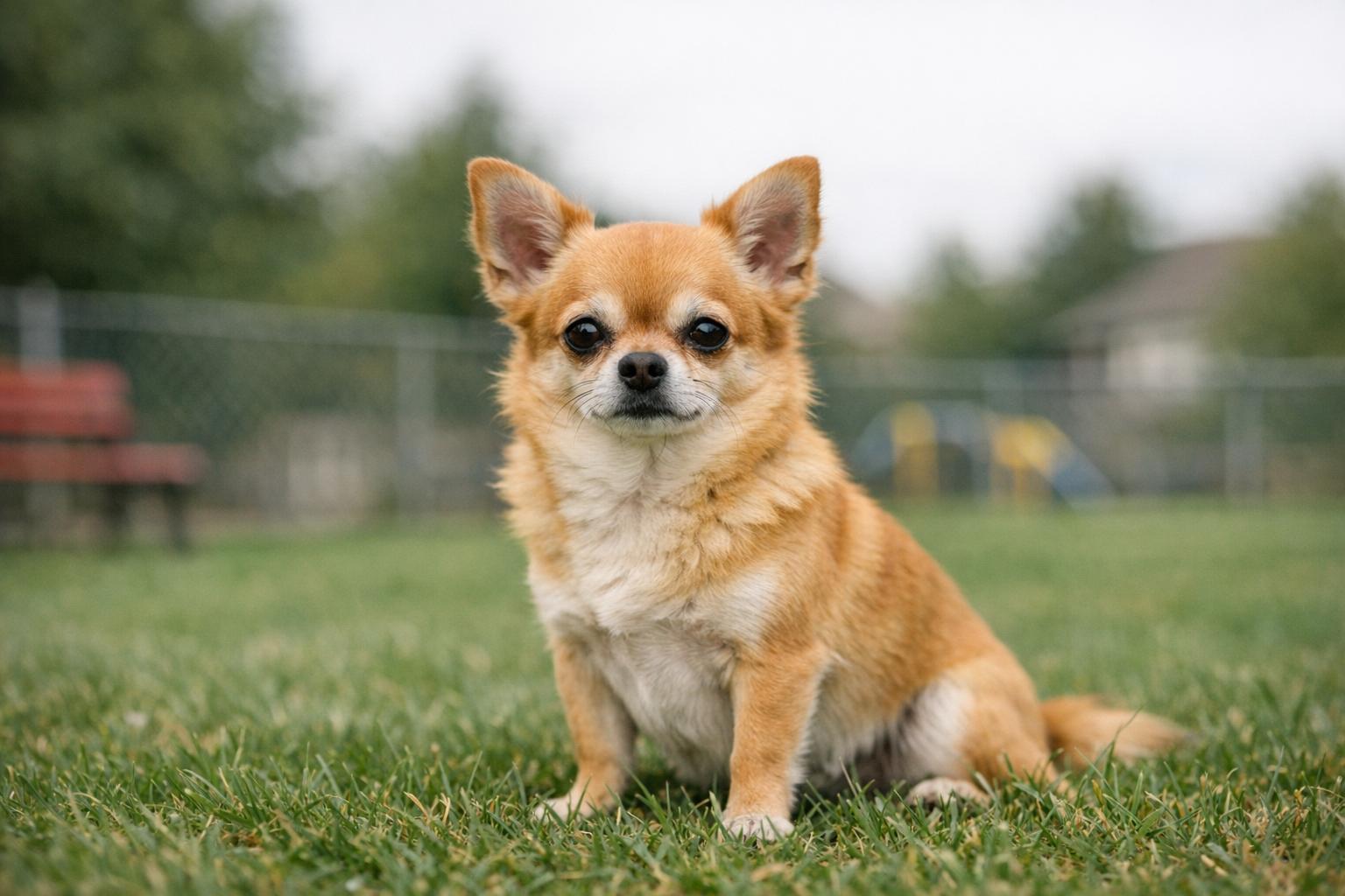 Honey-colored Chihuahua sitting on grass in a dog park, alert and healthy
