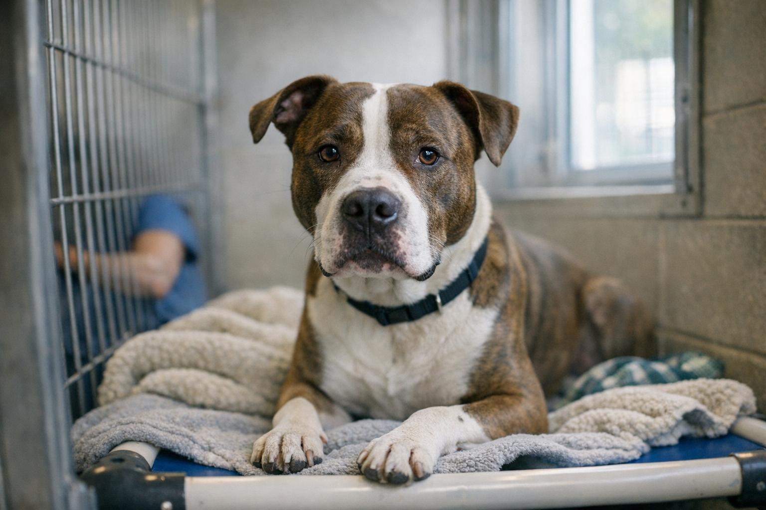 A pit bull mix inside a shelter kennel under soft window light, photographed documentary-style.