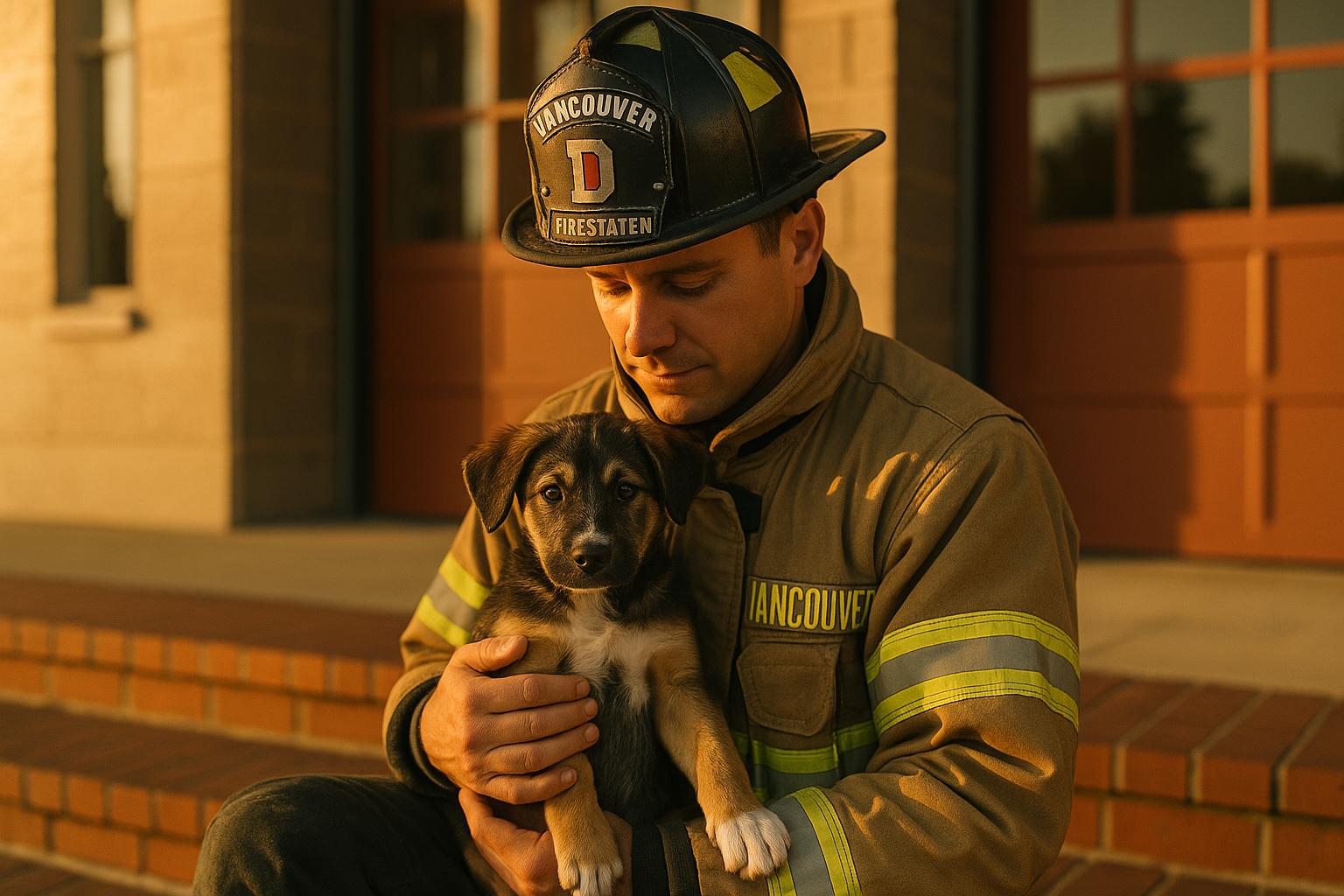 A Vancouver firefighter holds an adoptable mixed-breed puppy on a fire station step at golden hour