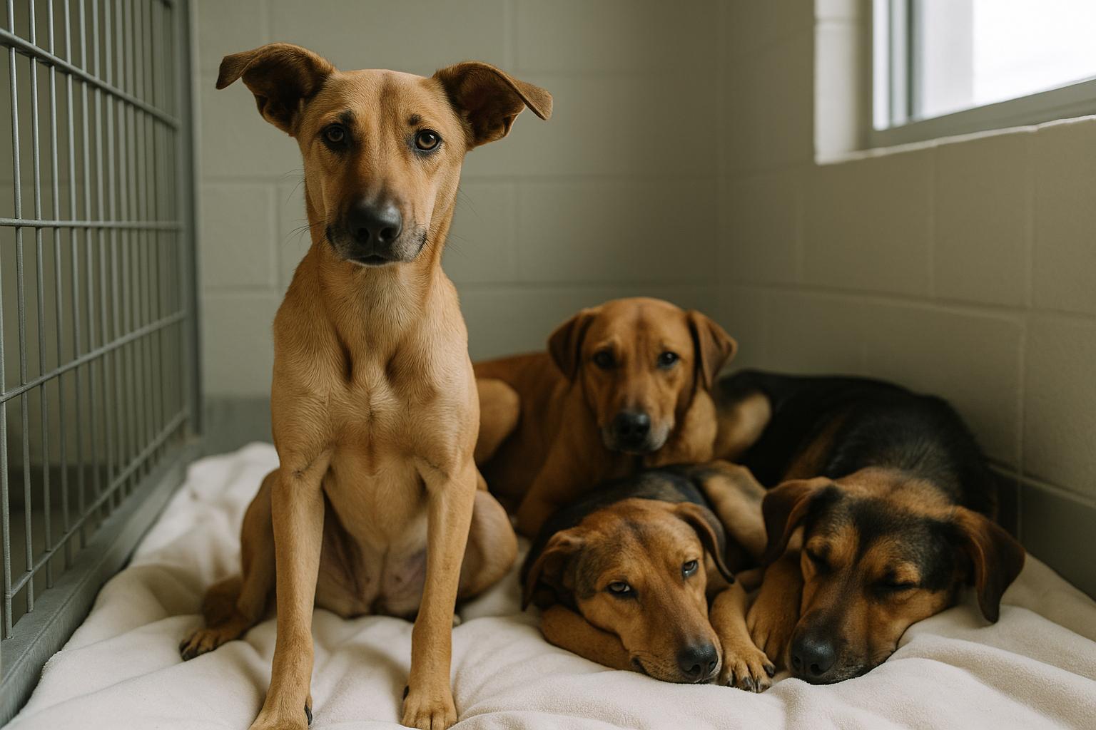 Three mixed-breed dogs resting on bedding inside a shelter clinic kennel, one appearing lean but calm.
