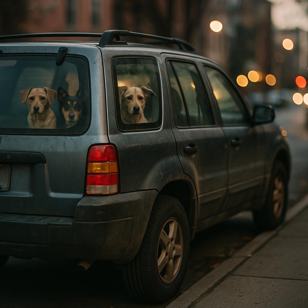 SUV parked on a city street with three dogs visible through a window, evening light.