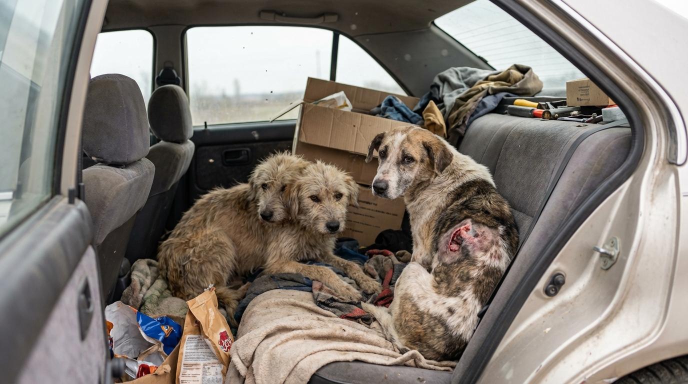 Two extremely underweight dogs and one dog with an untreated open tumor inside a cluttered car interior