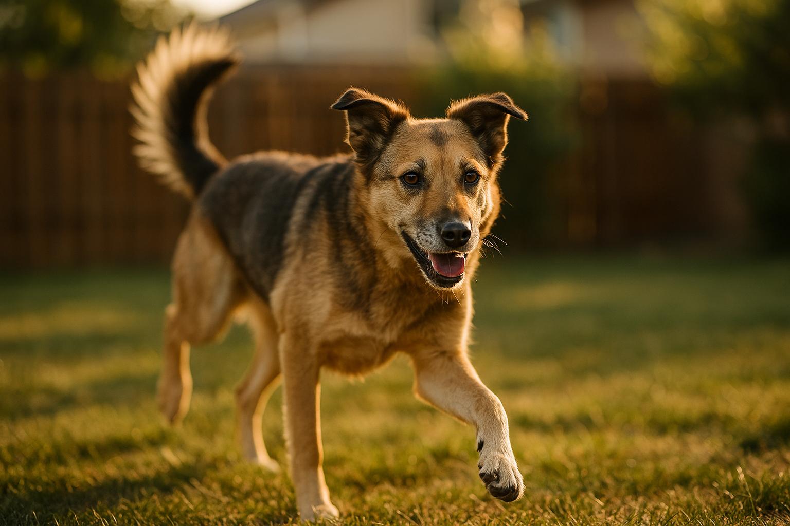 A mixed-breed dog in a suburban backyard mid-play, captured in warm late-afternoon light