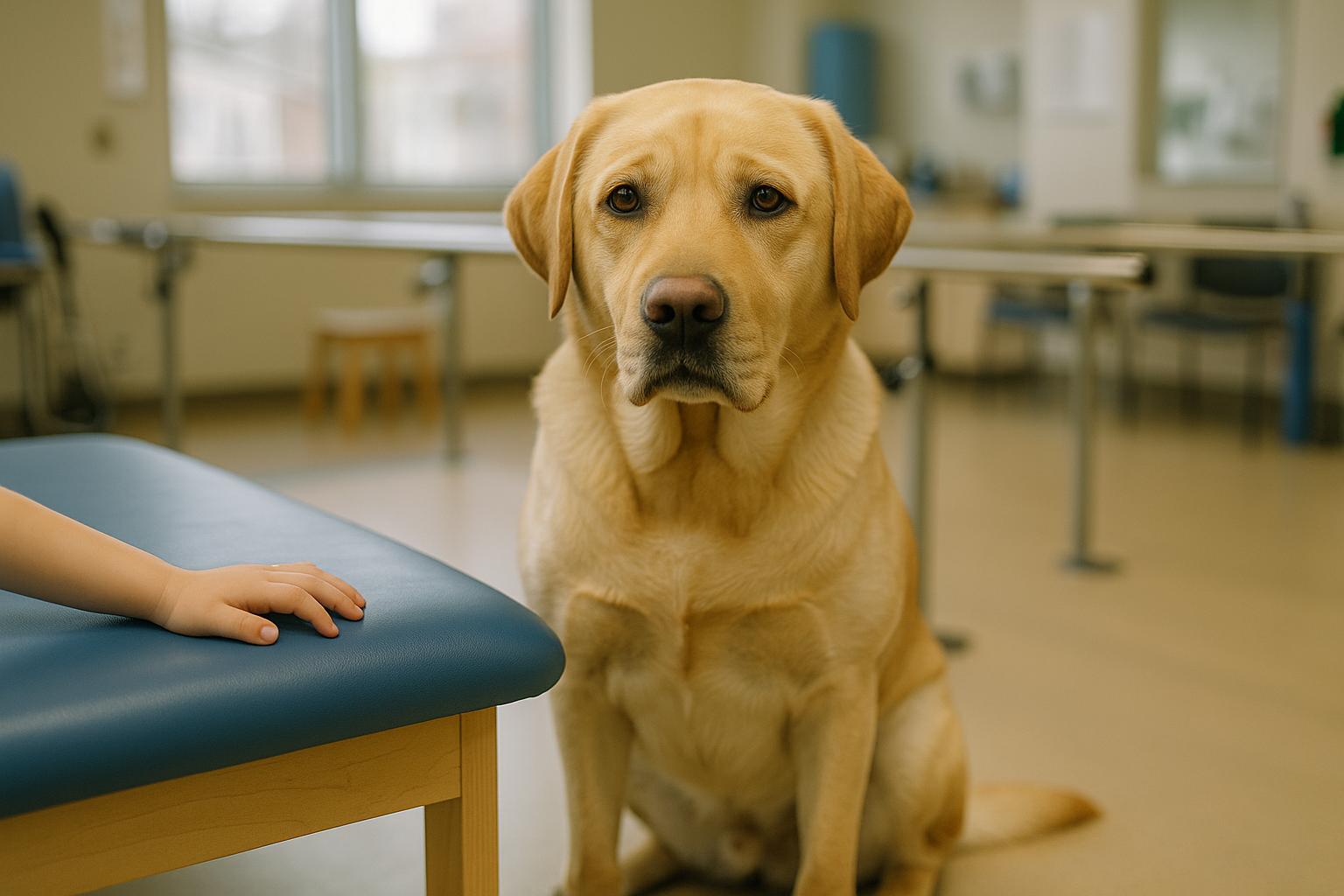 Velour, a yellow Labrador retriever, sitting beside a therapy plinth in a rehabilitation room
