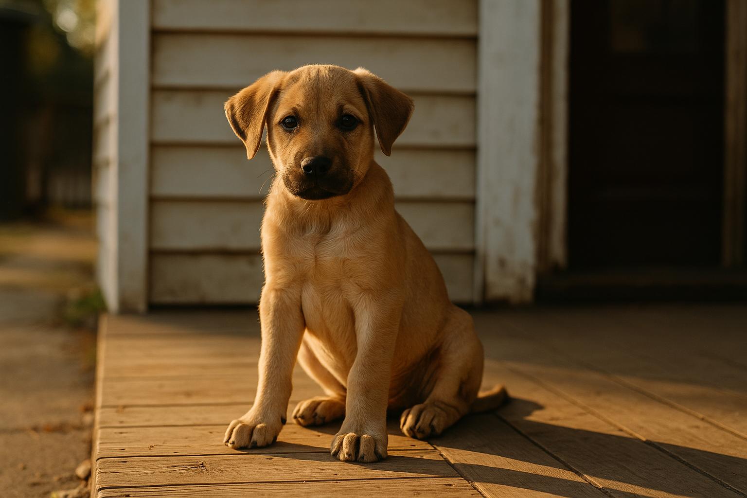 Four-month-old puppy sitting on a front porch in warm late-afternoon light