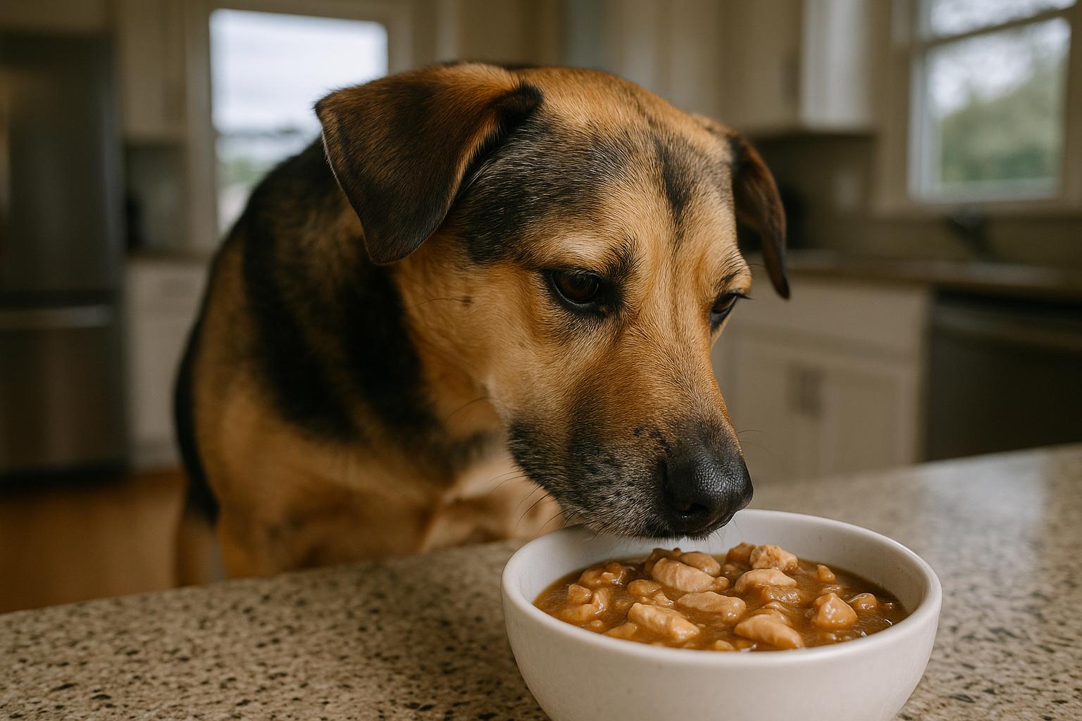 Mixed-breed dog sniffing a bowl of wet dog food with chunks of chicken and gravy on a kitchen floor