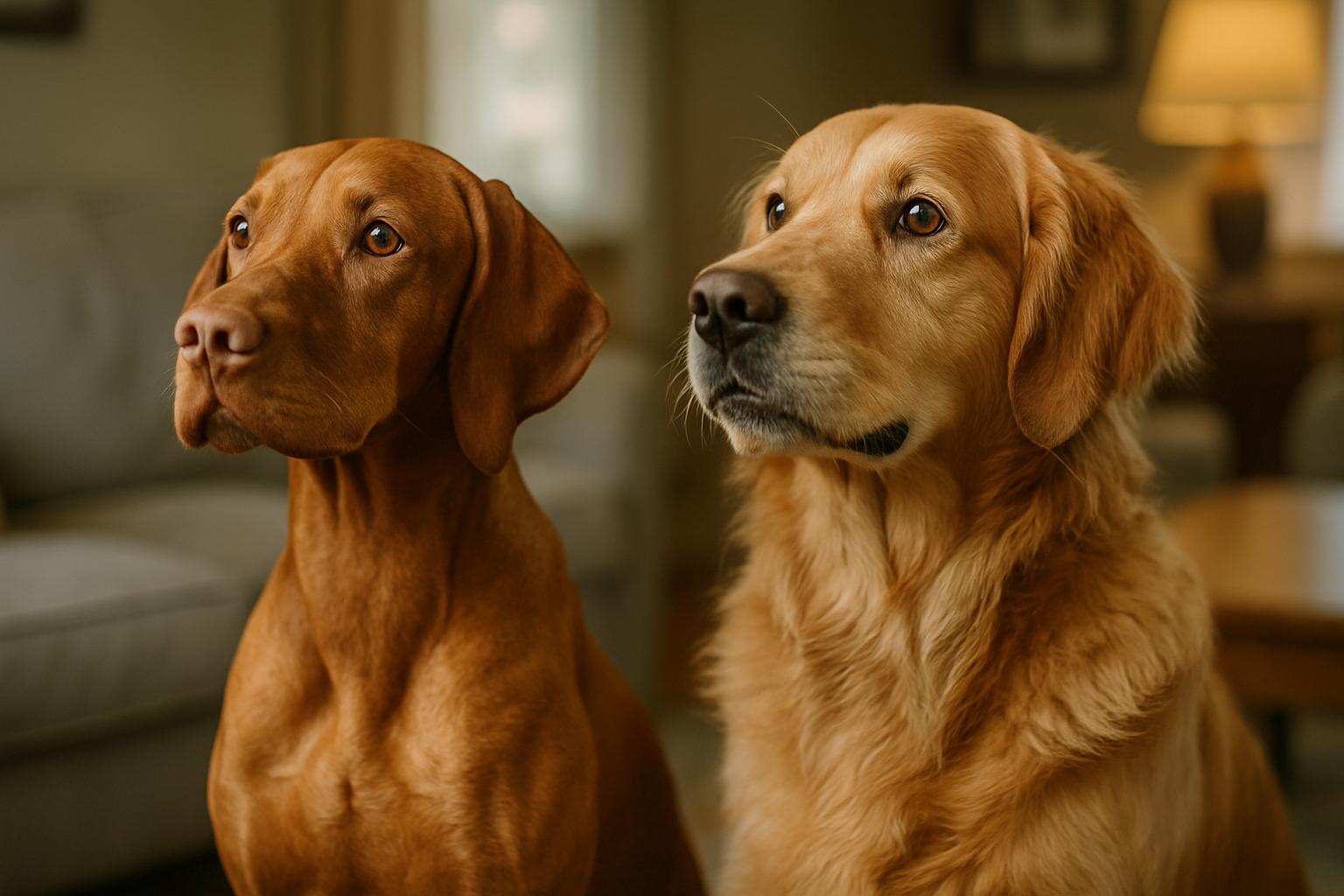 A Vizsla and a golden retriever sitting attentively in a living room, photorealistic image