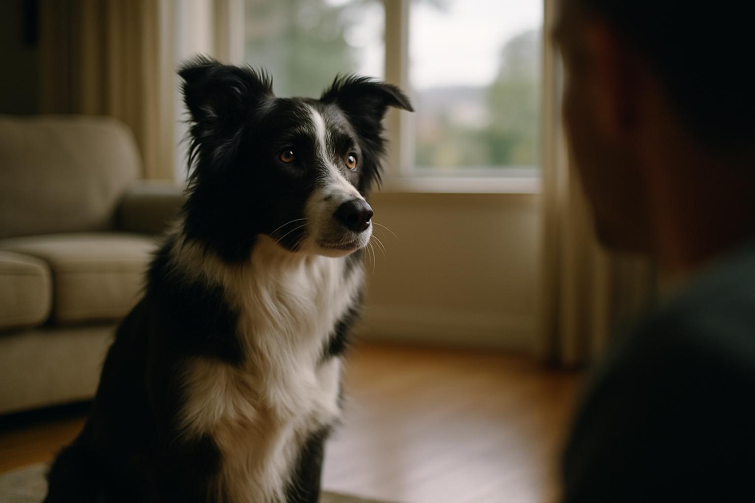 Border Collie sitting alert in a living room, watching its owner