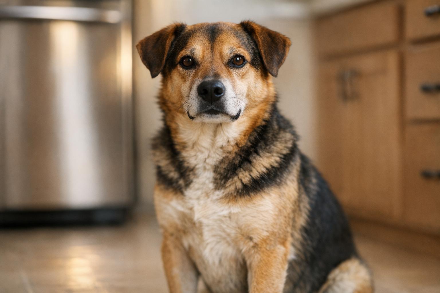 Medium-sized mixed-breed dog sitting calmly in a sunlit kitchen, healthy fur and alert expression