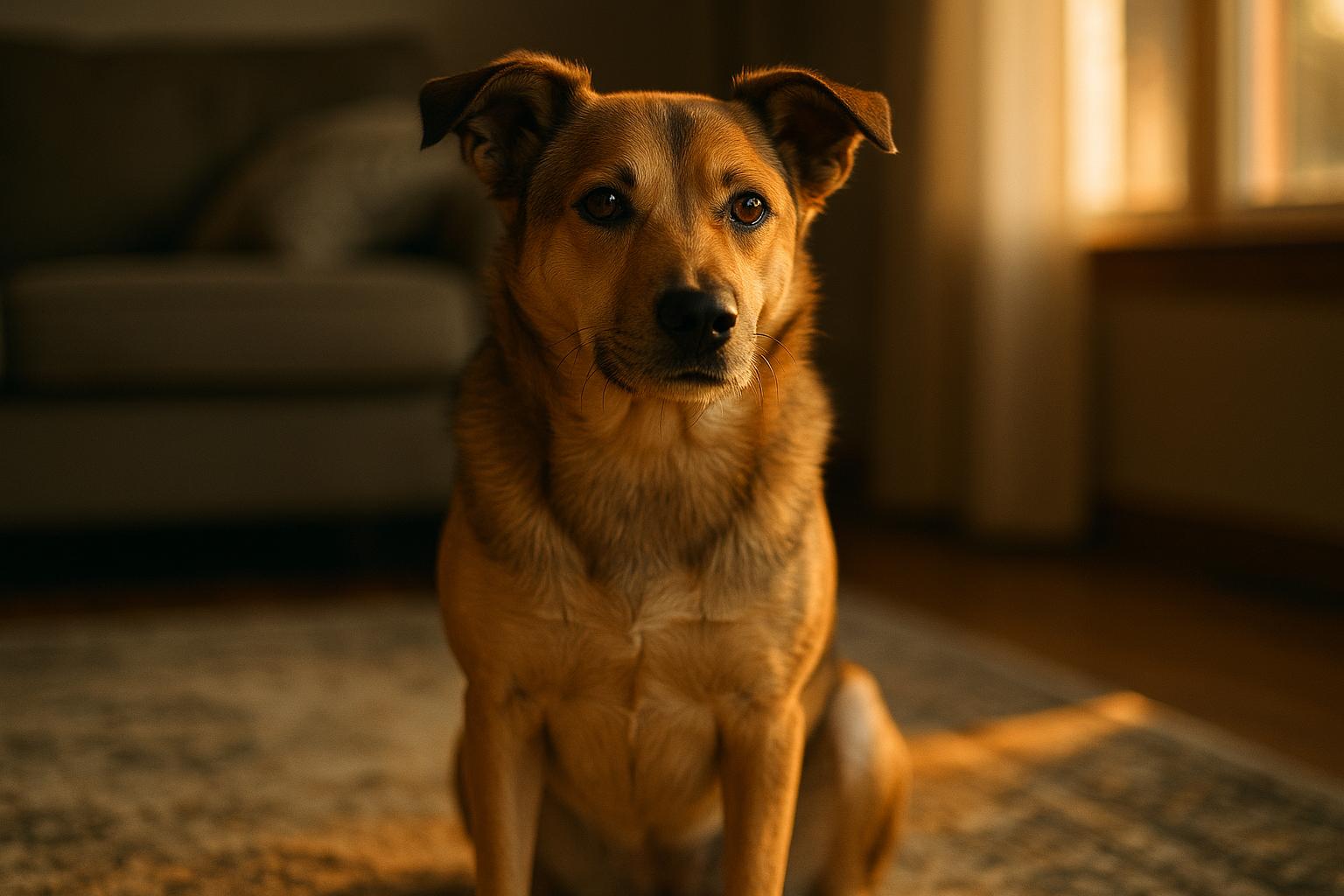 Medium-sized mixed-breed dog sitting on a living room rug, alert and calm