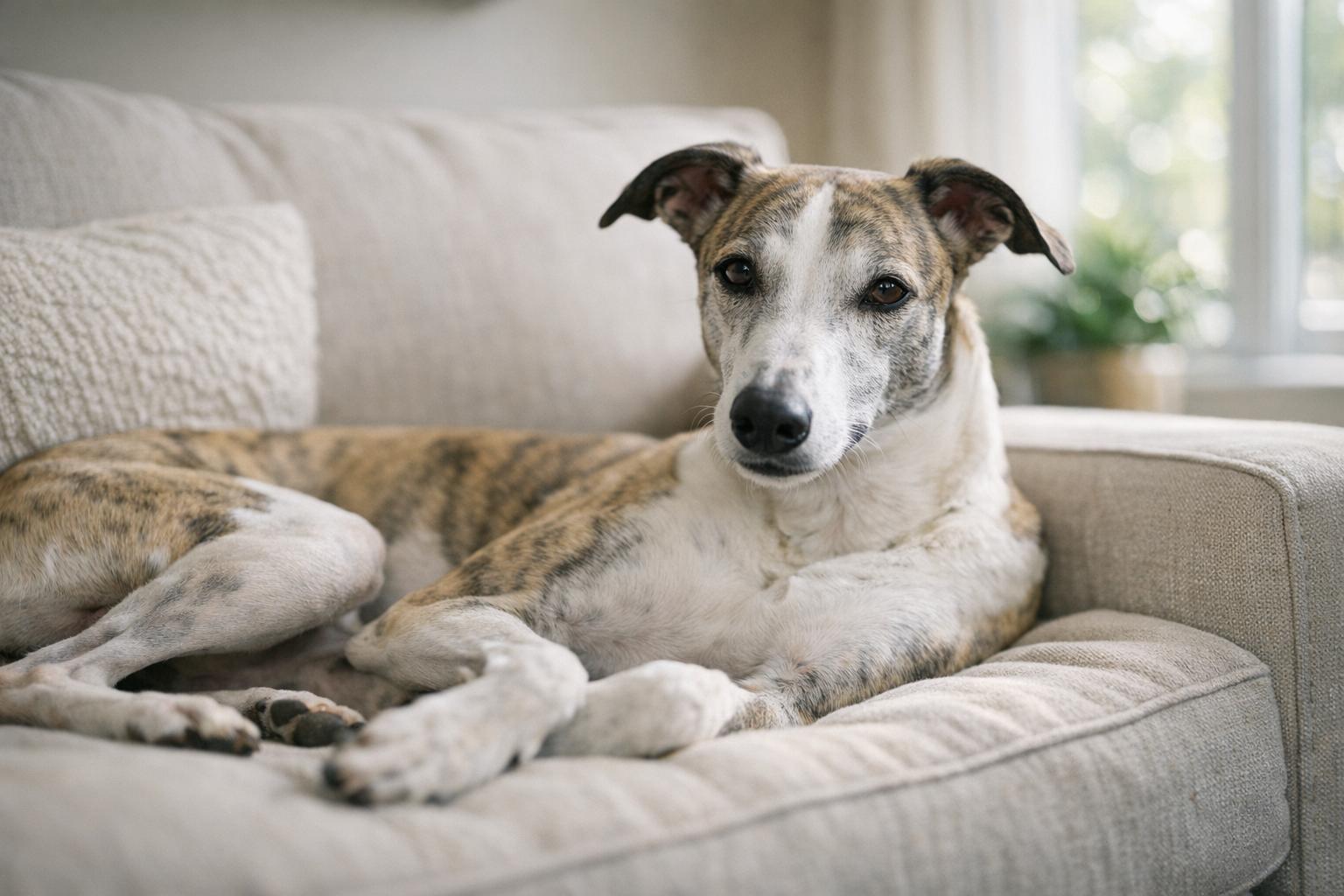 Greyhound lounging calmly on a living room sofa in soft natural light