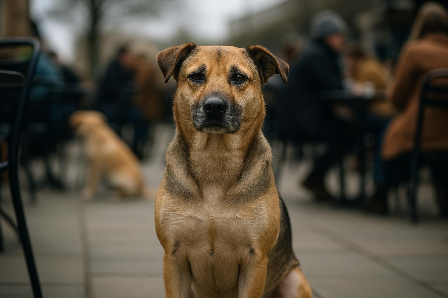 Mixed-breed dog sitting calmly on a café patio with people and other dogs in soft focus in the background