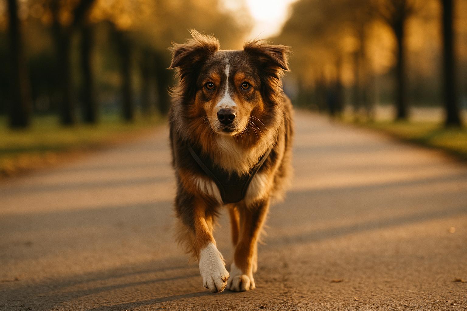 An Australian Shepherd trotting on a park path during golden hour, focused and alert, wearing a harness.