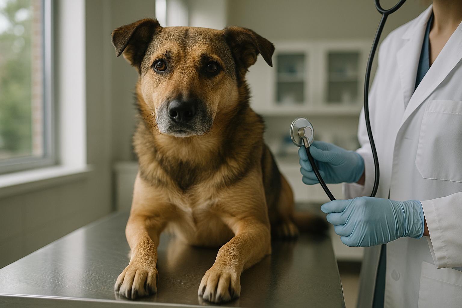 Adult mixed-breed dog on an exam table in a veterinary clinic with a veterinarian preparing a stethoscope