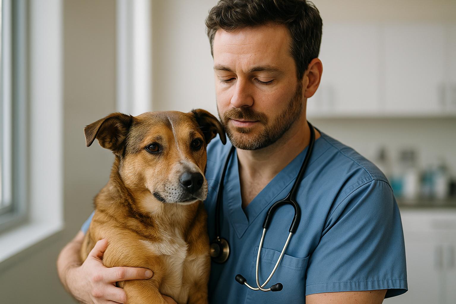 Veterinarian holding a brown and white mixed-breed dog in a clinic exam room