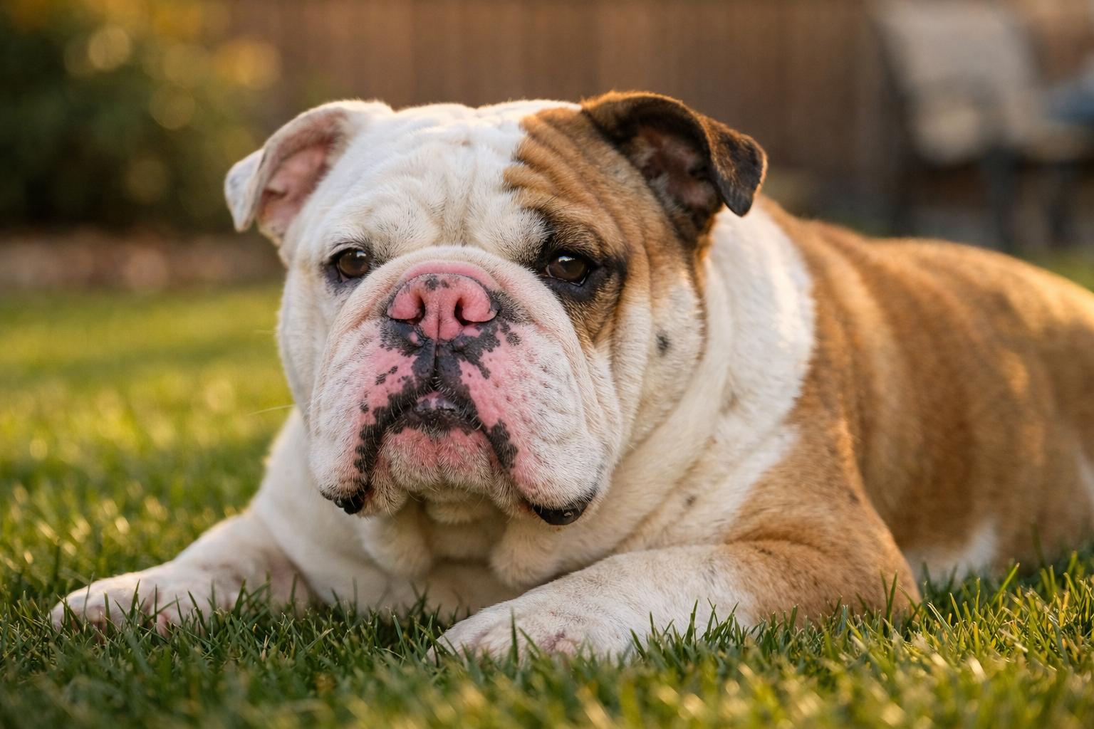 English Bulldog resting in shade in a suburban backyard during golden hour
