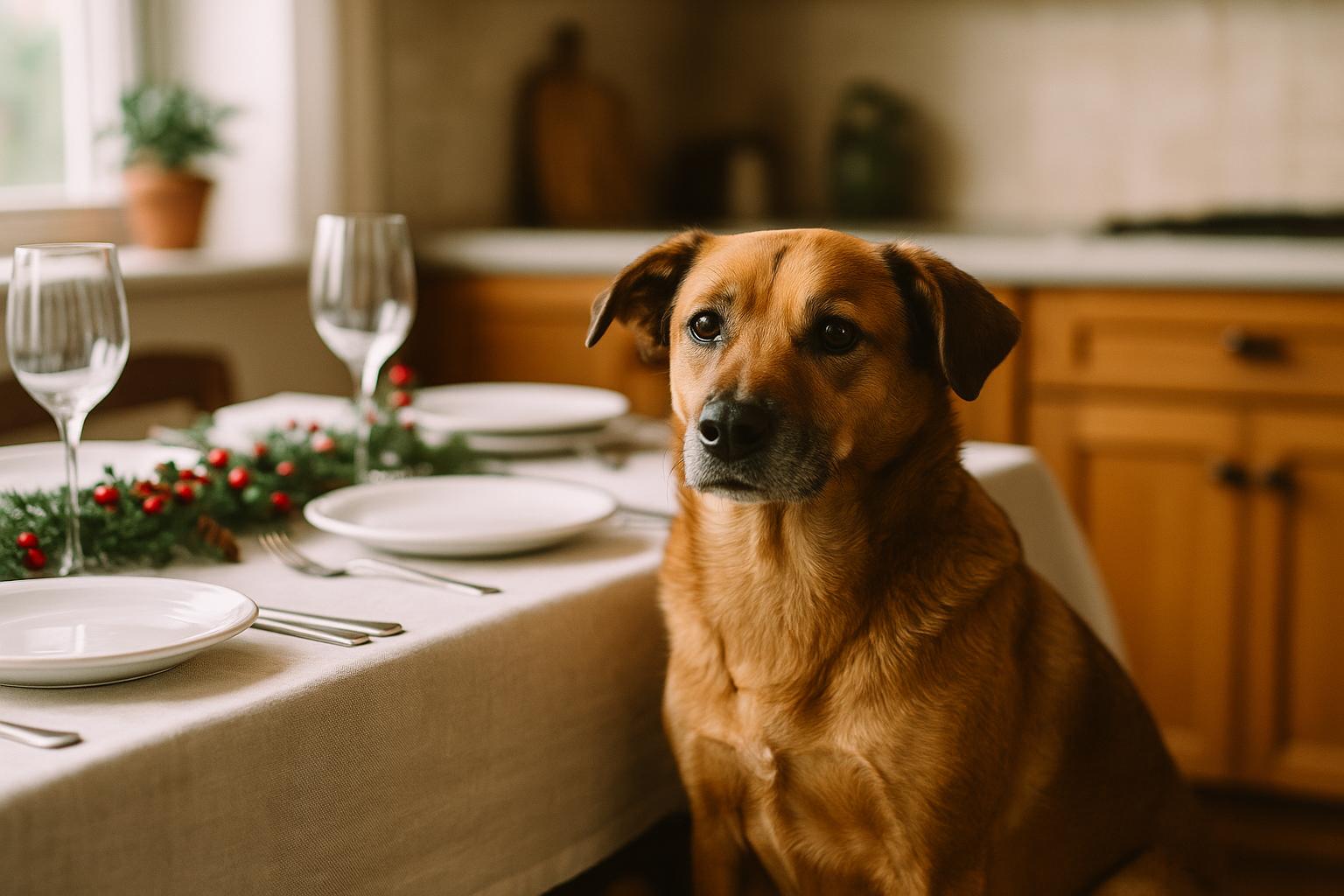 Medium-sized brown mixed-breed dog sitting calmly beside a holiday dining table in natural window light.