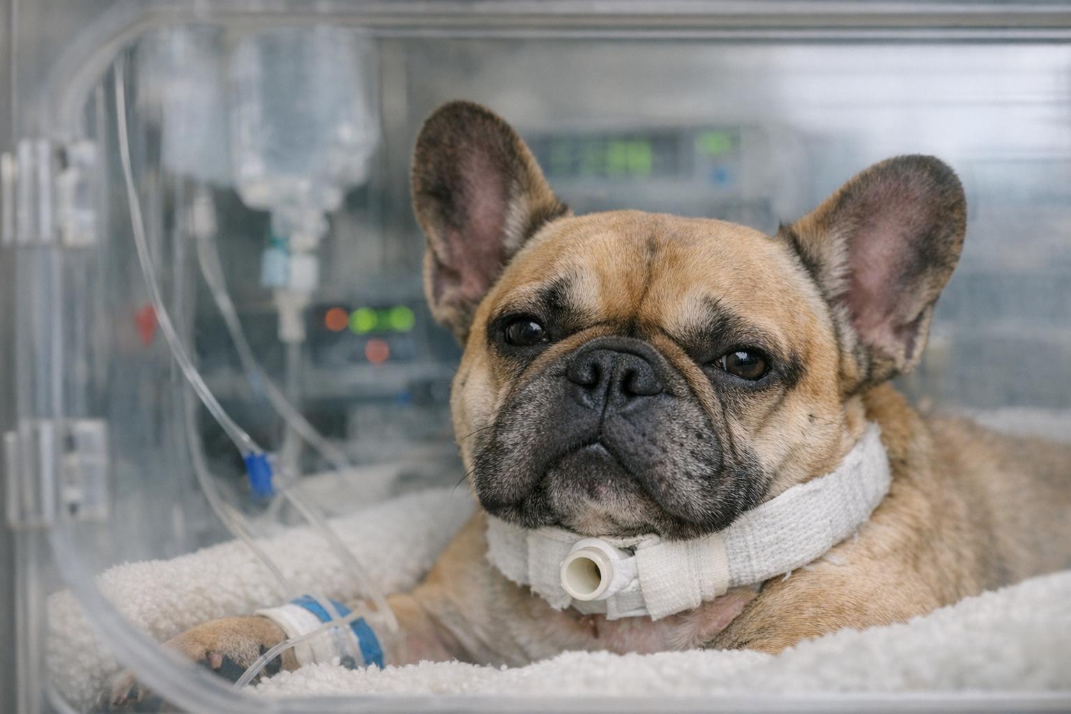 French Bulldog resting in an oxygen cage in a veterinary ICU, with monitoring equipment visible in the background