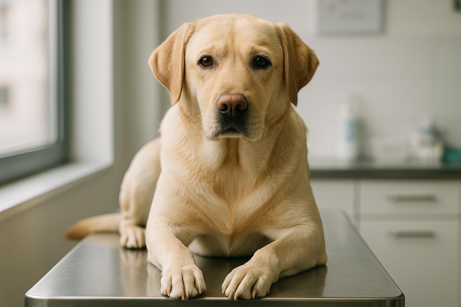 A calm Labrador Retriever on an examination table at a veterinary clinic, showing healthy fur and attentive expression.