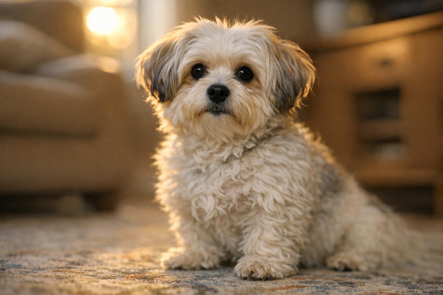 A small Havanese–Bichon Frise mix sitting on a rug in warm window light, real fur texture visible.